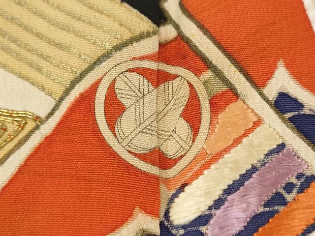 平和屋本店●アンティーク　大正ロマン　振袖　駒刺繍　檜扇松竹梅文　黒地　金彩　正絹　逸品　CABG5231ut