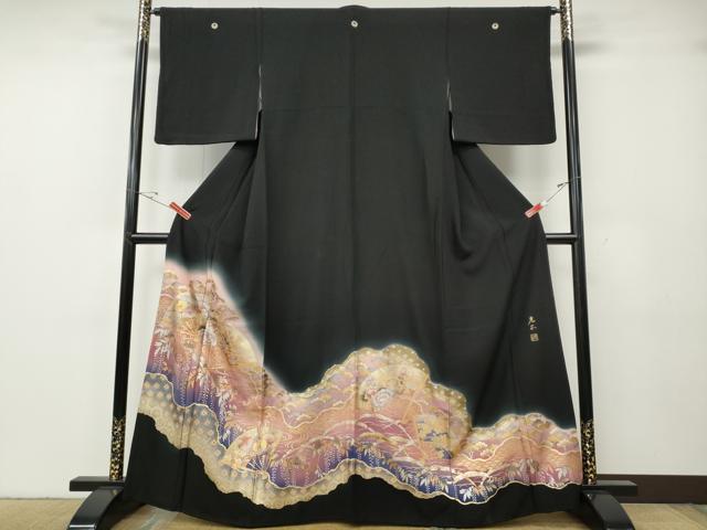 平和屋着物●金彩友禅　卓越技能者・名工・和田光正　黒留袖　エ霞扇面草花文　暈し染め　金彩　正絹　逸品　CABG5236ut