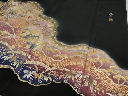 平和屋着物●金彩友禅　卓越技能者・名工・和田光正　黒留袖　エ霞扇面草花文　暈し染め　金彩　正絹　逸品　CABG5236ut