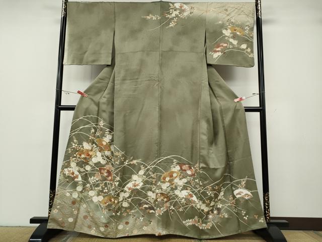 平和屋着物●訪問着　駒刺繍　扇面草花文　暈し染め　金彩　正絹　逸品　CABG5238ut