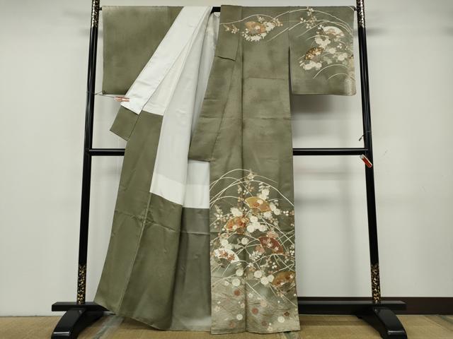 平和屋着物●訪問着　駒刺繍　扇面草花文　暈し染め　金彩　正絹　逸品　CABG5238ut