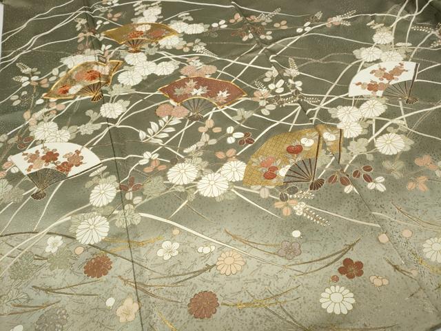 平和屋着物●訪問着　駒刺繍　扇面草花文　暈し染め　金彩　正絹　逸品　CABG5238ut