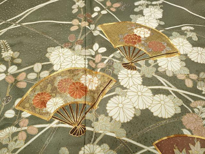 平和屋着物●訪問着　駒刺繍　扇面草花文　暈し染め　金彩　正絹　逸品　CABG5238ut