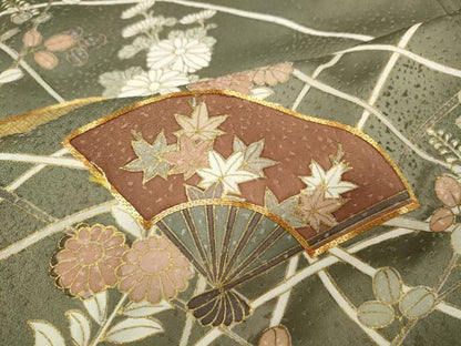 平和屋着物●訪問着　駒刺繍　扇面草花文　暈し染め　金彩　正絹　逸品　CABG5238ut