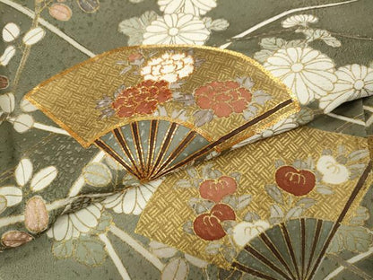 平和屋着物●訪問着　駒刺繍　扇面草花文　暈し染め　金彩　正絹　逸品　CABG5238ut