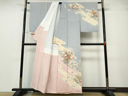 平和屋着物●訪問着　駒刺繍　絞り　エ霞草花文　金彩　正絹　逸品　CABG5240ut