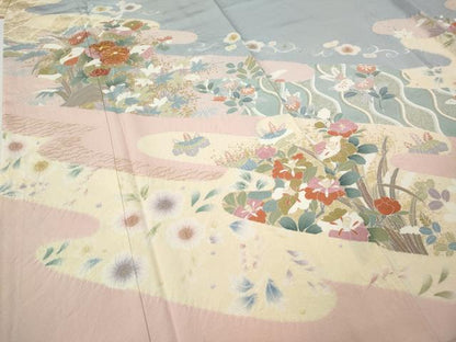 平和屋着物●訪問着　駒刺繍　絞り　エ霞草花文　金彩　正絹　逸品　CABG5240ut