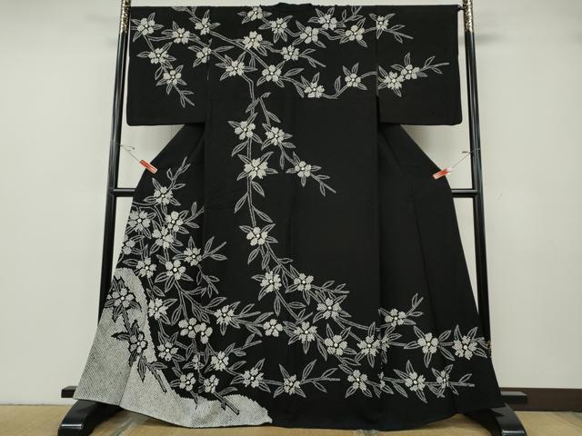 平和屋着物○訪問着 絞り 枝花文 黒地 正絹 逸品 CABG5246ut
