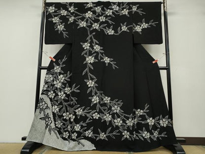 平和屋着物●訪問着　絞り　枝花文　黒地　正絹　逸品　CABG5246ut