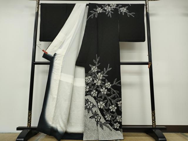 平和屋着物○訪問着 絞り 枝花文 黒地 正絹 逸品 CABG5246ut