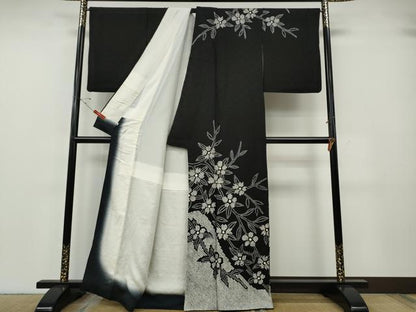 平和屋着物●訪問着　絞り　枝花文　黒地　正絹　逸品　CABG5246ut
