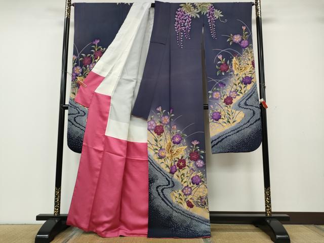 平和屋着物○豪華振袖 刺繍 流水花蝶文 暈し染め 金彩 正絹