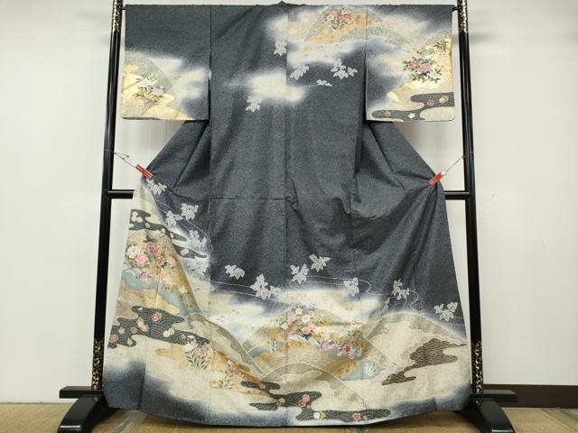 平和屋着物●訪問着　本場染大島紬　流水鴛鴦草花文　金彩　正絹　逸品　CABG5254ut