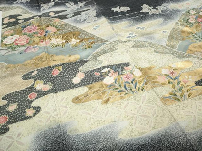 平和屋着物●訪問着　本場染大島紬　流水鴛鴦草花文　金彩　正絹　逸品　CABG5254ut