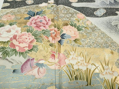 平和屋着物●訪問着　本場染大島紬　流水鴛鴦草花文　金彩　正絹　逸品　CABG5254ut