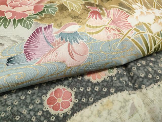 平和屋着物●訪問着　本場染大島紬　流水鴛鴦草花文　金彩　正絹　逸品　CABG5254ut