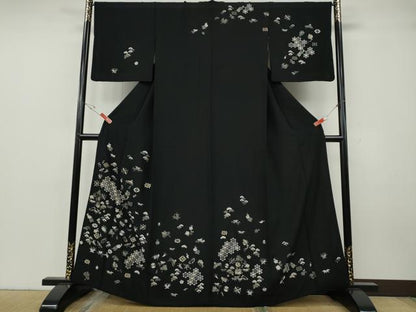 平和屋着物●訪問着　総刺繍　宝尽くし吉祥花文　黒地　金糸　正絹　逸品　CABG5255ut