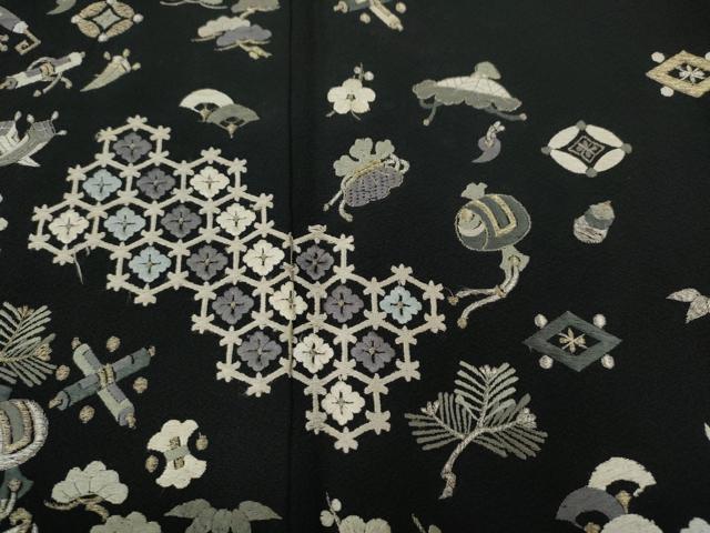 平和屋着物●訪問着　総刺繍　宝尽くし吉祥花文　黒地　金糸　正絹　逸品　CABG5255ut