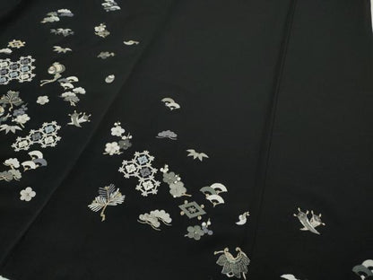 平和屋着物●訪問着　総刺繍　宝尽くし吉祥花文　黒地　金糸　正絹　逸品　CABG5255ut
