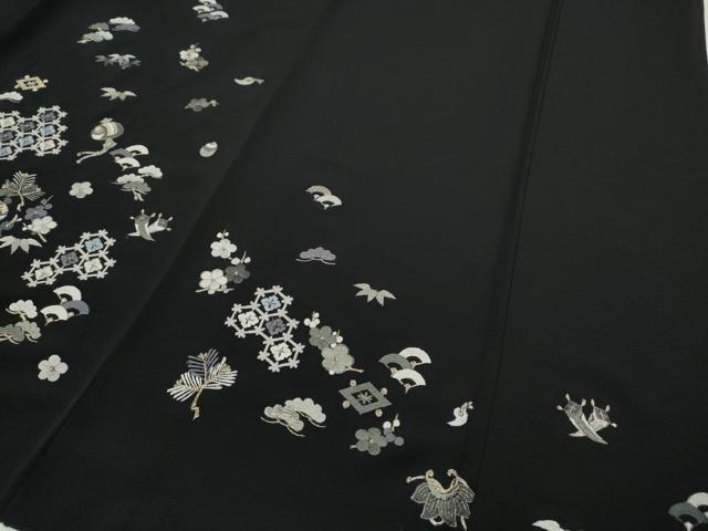 平和屋着物●訪問着　総刺繍　宝尽くし吉祥花文　黒地　金糸　正絹　逸品　CABG5255ut