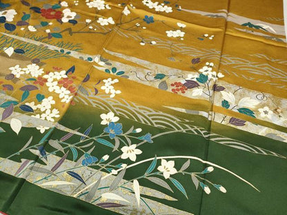 平和屋着物●豪華振袖　駒刺繍　流水草花文　暈し染め　金銀彩　正絹　逸品　CABG5292ut