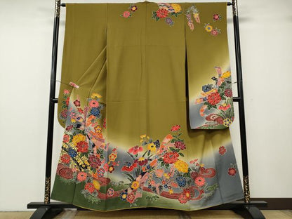 平和屋着物●豪華振袖　型染め　束ね熨斗流水花文　暈し染め　正絹　逸品　CABG5293ut