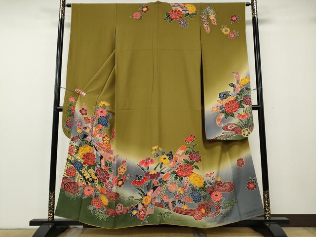 平和屋着物●豪華振袖　型染め　束ね熨斗流水花文　暈し染め　正絹　逸品　CABG5293ut