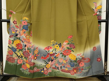 平和屋着物●豪華振袖　型染め　束ね熨斗流水花文　暈し染め　正絹　逸品　CABG5293ut