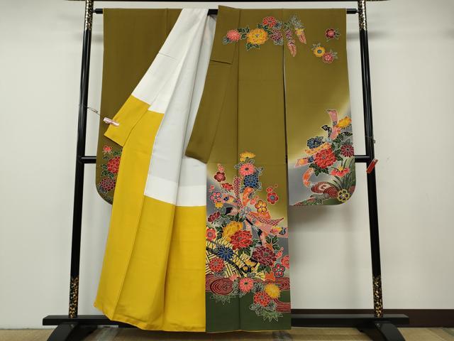 平和屋着物●豪華振袖　型染め　束ね熨斗流水花文　暈し染め　正絹　逸品　CABG5293ut