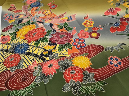 平和屋着物●豪華振袖　型染め　束ね熨斗流水花文　暈し染め　正絹　逸品　CABG5293ut