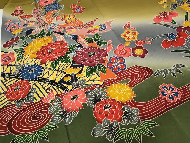 平和屋着物●豪華振袖　型染め　束ね熨斗流水花文　暈し染め　正絹　逸品　CABG5293ut