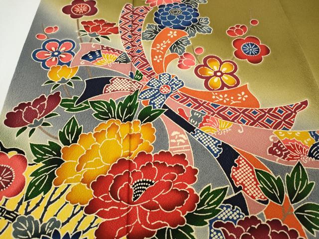 平和屋着物●豪華振袖　型染め　束ね熨斗流水花文　暈し染め　正絹　逸品　CABG5293ut