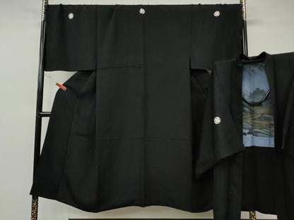平和屋着物●男性　黒紋付・羽織セット　羽裏：風景文　キングサイズ　正絹　逸品　CABG5296ut