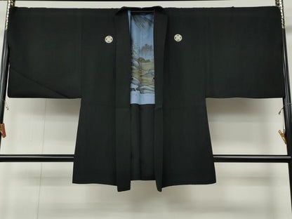 平和屋着物●男性　黒紋付・羽織セット　羽裏：風景文　キングサイズ　正絹　逸品　CABG5296ut