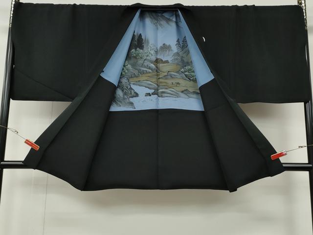 平和屋着物●男性　黒紋付・羽織セット　羽裏：風景文　キングサイズ　正絹　逸品　CABG5296ut