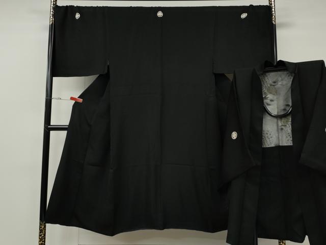 平和屋着物●男性　黒紋付・羽織セット　羽裏：枝松葉　鷹　キングサイズ　正絹　逸品　CABG5297ut
