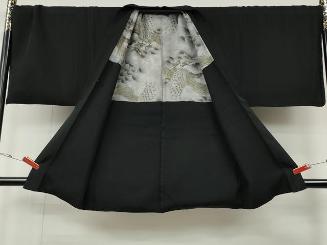 平和屋着物●男性　黒紋付・羽織セット　羽裏：枝松葉　鷹　キングサイズ　正絹　逸品　CABG5297ut