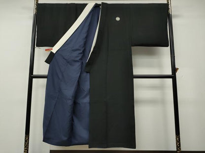 平和屋着物●男性　黒紋付・羽織セット　羽裏：切嵌文　正絹　逸品　CABG5298ut