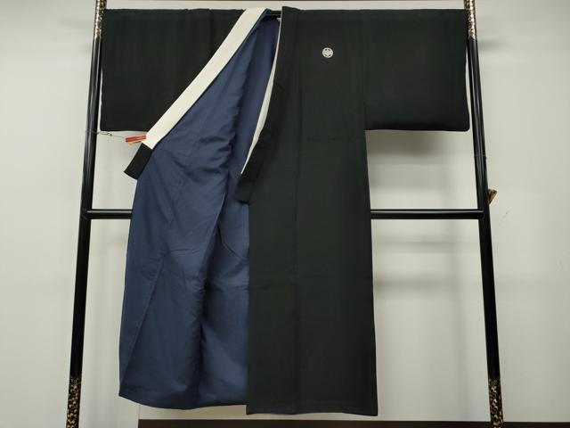 平和屋着物●男性　黒紋付・羽織セット　羽裏：切嵌文　正絹　逸品　CABG5298ut