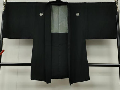 平和屋着物●男性　黒紋付・羽織セット　羽裏：切嵌文　正絹　逸品　CABG5298ut