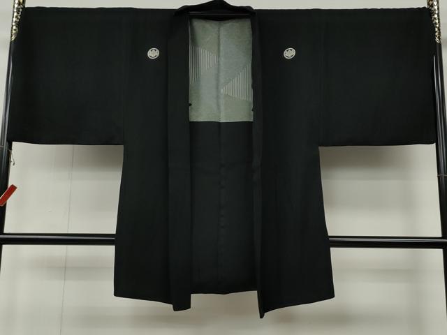 平和屋着物●男性　黒紋付・羽織セット　羽裏：切嵌文　正絹　逸品　CABG5298ut