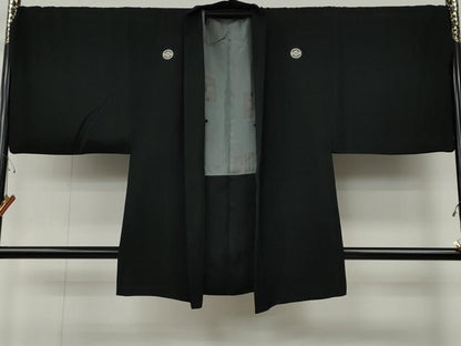 平和屋着物●男性　黒紋付・羽織セット　羽裏：人物風景文　キングサイズ　正絹　逸品　CABG5299ut