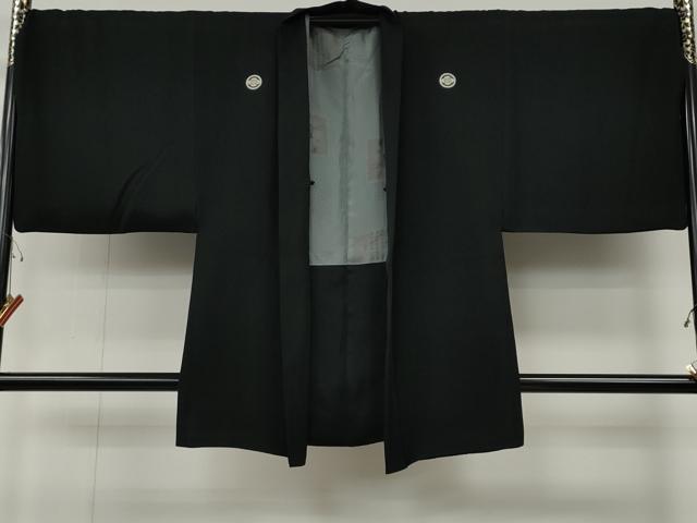 平和屋着物●男性　黒紋付・羽織セット　羽裏：人物風景文　キングサイズ　正絹　逸品　CABG5299ut