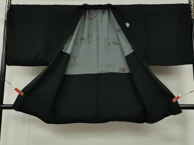 平和屋着物●男性　黒紋付・羽織セット　羽裏：人物風景文　キングサイズ　正絹　逸品　CABG5299ut