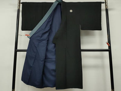平和屋着物●男性　黒紋付・羽織セット　羽裏：風景文　正絹　逸品　CABG5300ut