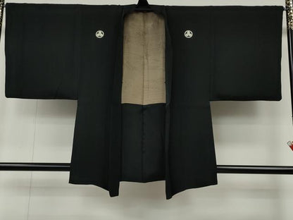 平和屋着物●男性　黒紋付・羽織セット　羽裏：風景文　正絹　逸品　CABG5300ut