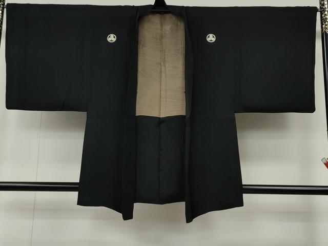 平和屋着物●男性　黒紋付・羽織セット　羽裏：風景文　正絹　逸品　CABG5300ut