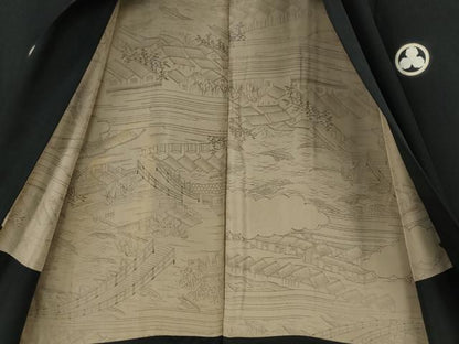 平和屋着物●男性　黒紋付・羽織セット　羽裏：風景文　正絹　逸品　CABG5300ut