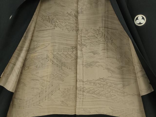 平和屋着物●男性　黒紋付・羽織セット　羽裏：風景文　正絹　逸品　CABG5300ut