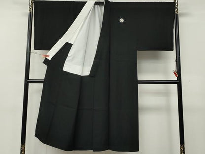 平和屋着物●男性　黒紋付・羽織セット　羽裏：歌舞伎・隈取り　キングサイズ　正絹　逸品　CABG5301ut